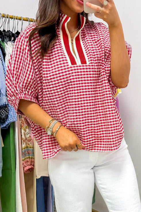 Plaid Print Short Sleeve Split Neck Blouse
