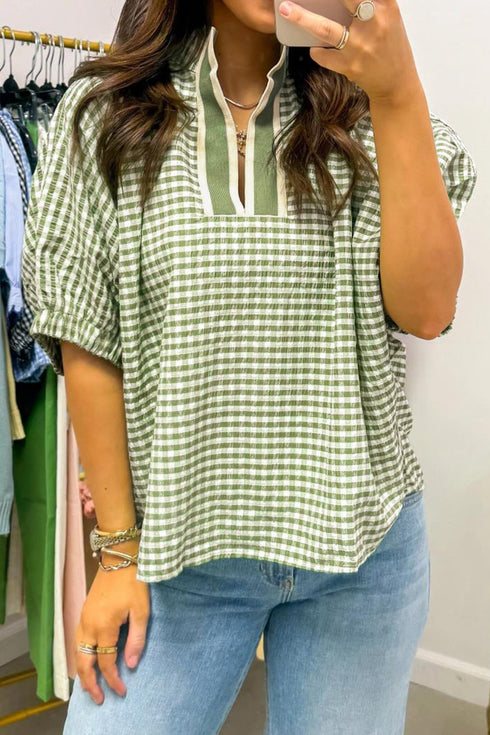 Plaid Print Short Sleeve Split Neck Blouse