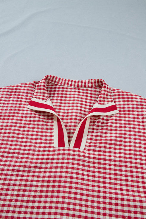 Plaid Print Short Sleeve Split Neck Blouse