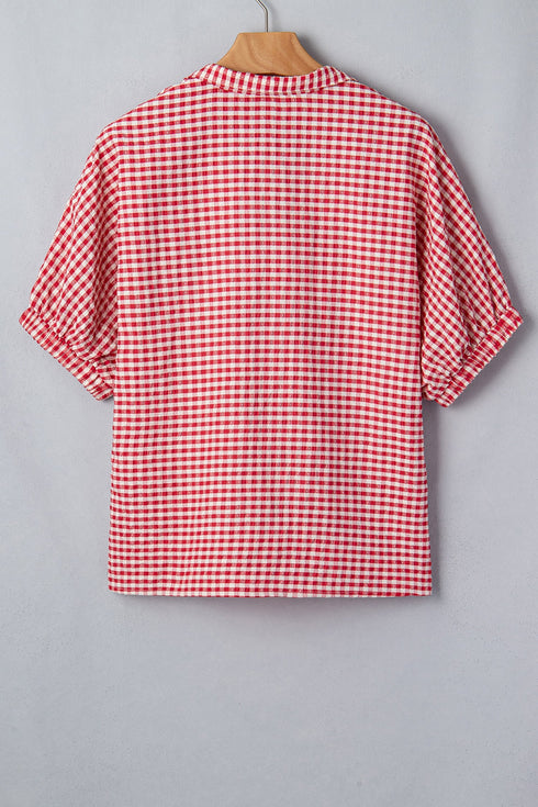 Plaid Print Short Sleeve Split Neck Blouse