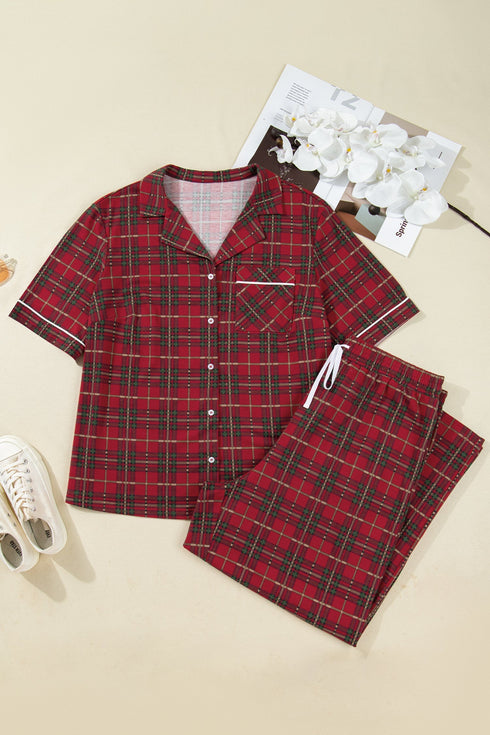 Plaid Print Short Sleeve Wide Leg Two Piece Loungewear