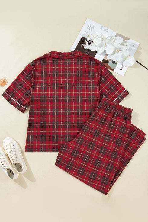 Plaid Print Short Sleeve Wide Leg Two Piece Loungewear