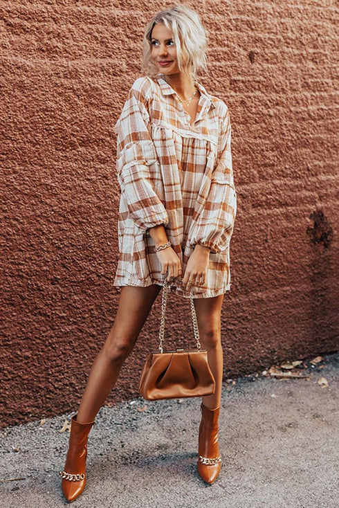 Plaid Print Side Pockets Frilled Babydoll Mini Dress
