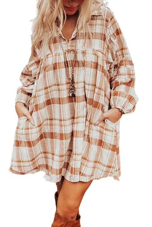 Plaid Print Side Pockets Frilled Babydoll Mini Dress