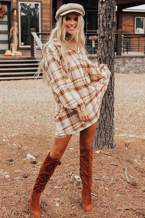 Plaid Print Side Pockets Frilled Babydoll Mini Dress