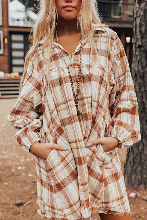 Plaid Print Side Pockets Frilled Babydoll Mini Dress