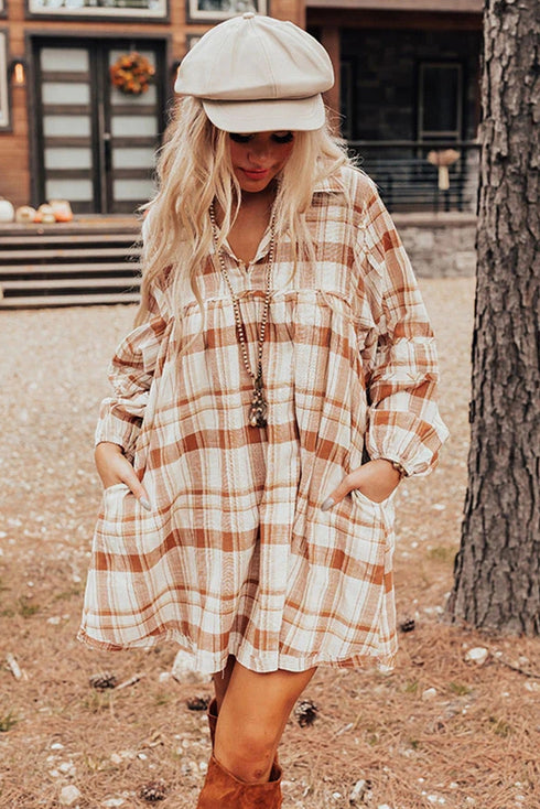 Plaid Print Side Pockets Frilled Babydoll Mini Dress