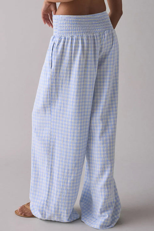 Plaid Print Smocked High Waist Wide Leg Pants