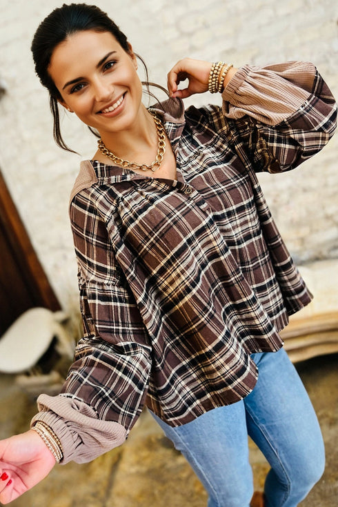Plaid Print V Neck Balloon Sleeve Woven Top