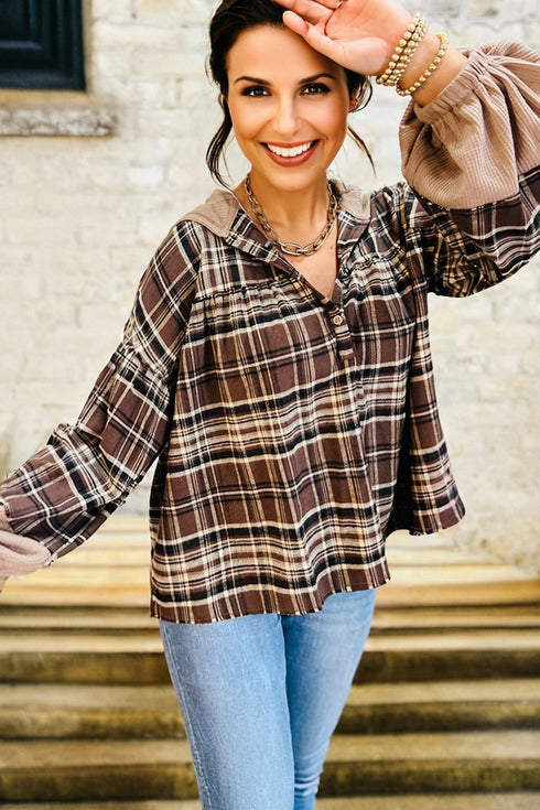 Plaid Print V Neck Balloon Sleeve Woven Top