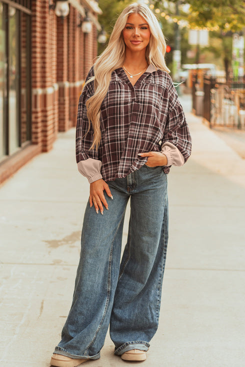 Plaid Print V Neck Balloon Sleeve Woven Top