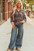 Plaid Print V Neck Balloon Sleeve Woven Top