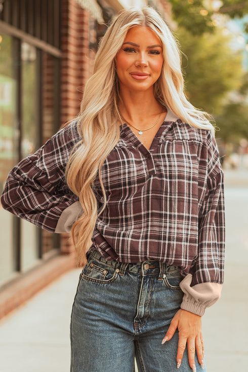 Plaid Print V Neck Balloon Sleeve Woven Top