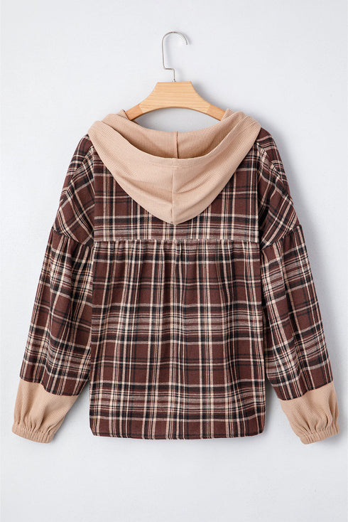 Plaid Print V Neck Balloon Sleeve Woven Top