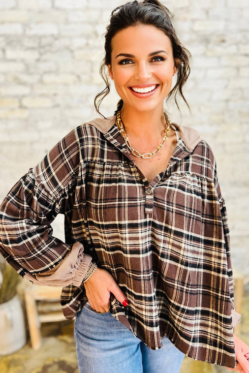 Plaid Print V Neck Balloon Sleeve Woven Top