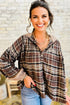 Plaid Print V Neck Balloon Sleeve Woven Top