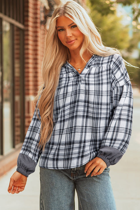 Plaid Print V Neck Balloon Sleeve Woven Top