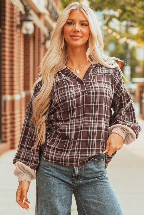 Plaid Print V Neck Balloon Sleeve Woven Top