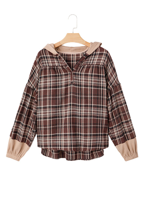 Plaid Print V Neck Balloon Sleeve Woven Top