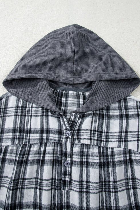 Plaid Print V Neck Balloon Sleeve Woven Top