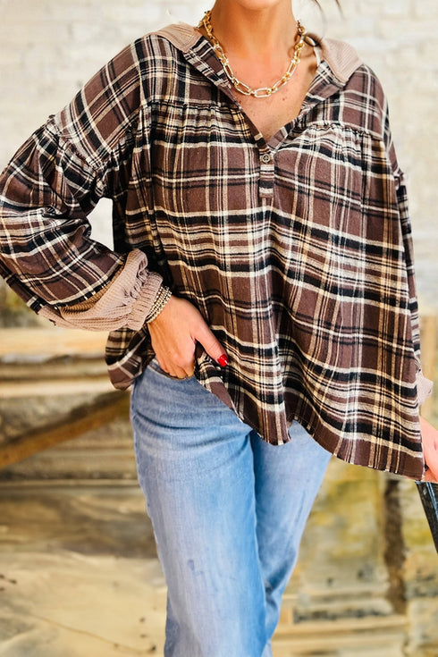 Plaid Print V Neck Balloon Sleeve Woven Top