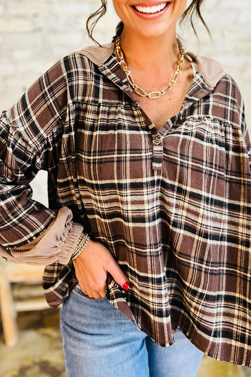 Plaid Print V Neck Balloon Sleeve Woven Top