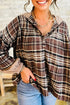 Plaid Print V Neck Balloon Sleeve Woven Top