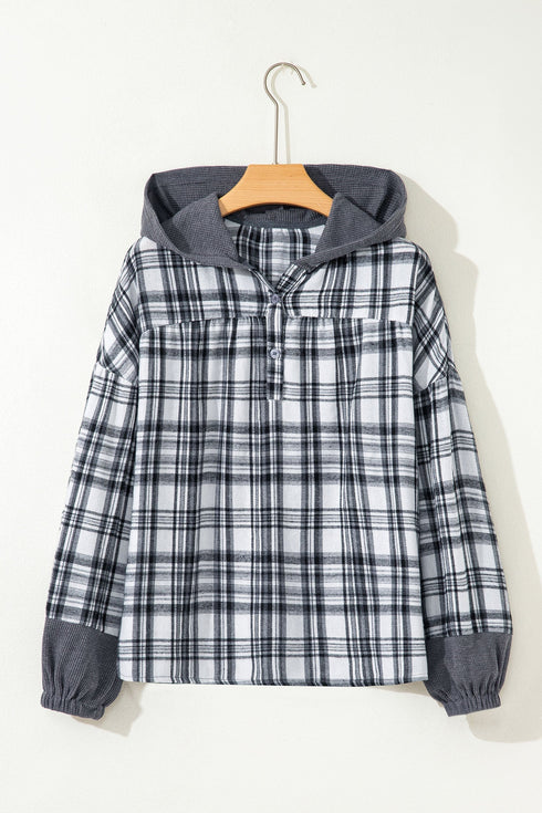 Plaid Print V Neck Balloon Sleeve Woven Top
