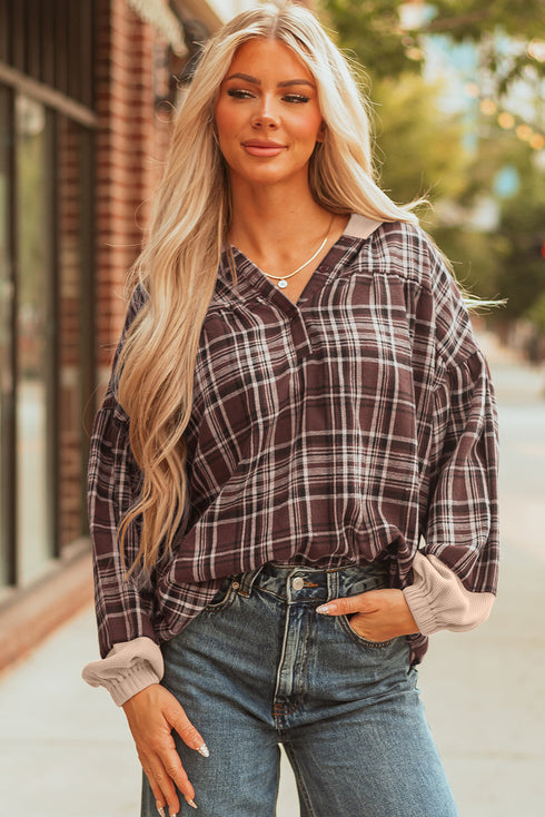 Plaid Print V Neck Balloon Sleeve Woven Top