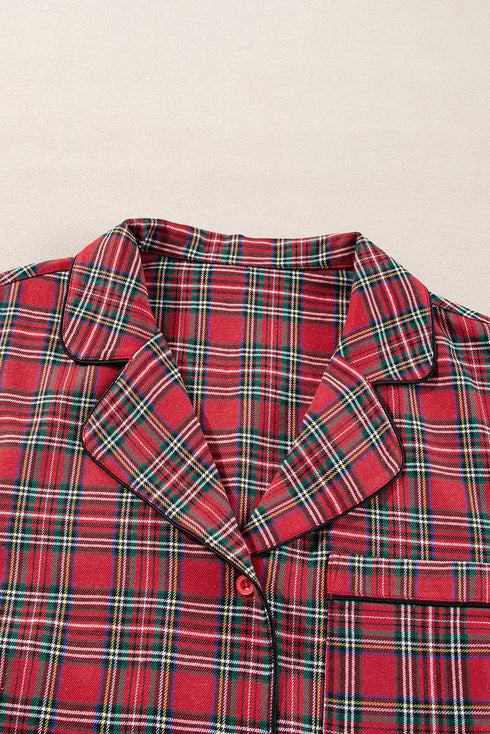Plaid Print Wide Leg Shirt And Pant Loungewear
