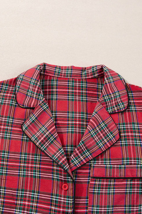Plaid Print Wide Leg Shirt And Pant Loungewear
