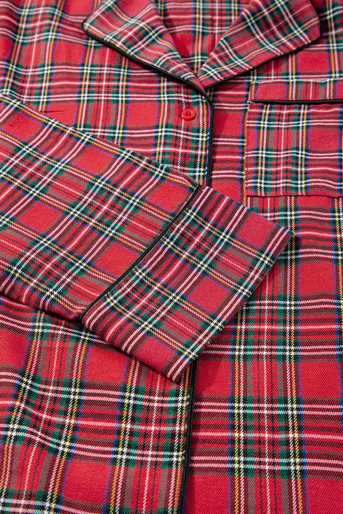 Plaid Print Wide Leg Shirt And Pant Loungewear