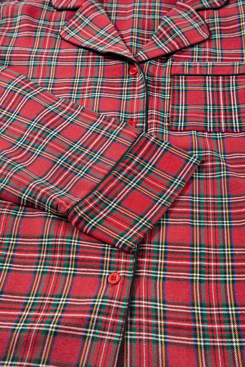 Plaid Print Wide Leg Shirt And Pant Loungewear