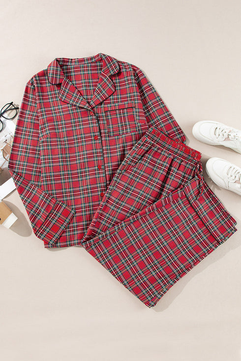 Plaid Print Wide Leg Shirt And Pant Loungewear