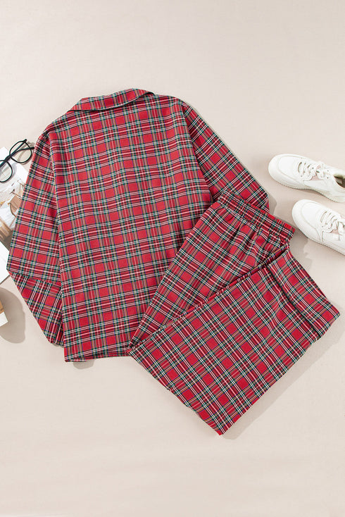 Plaid Print Wide Leg Shirt And Pant Loungewear