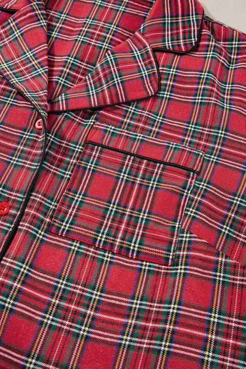 Plaid Print Wide Leg Shirt And Pant Loungewear