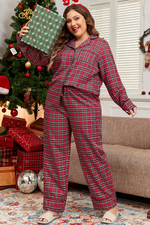 Plaid Print Wide Leg Shirt And Pant Loungewear