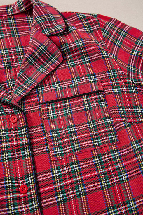 Plaid Print Wide Leg Shirt And Pant Loungewear