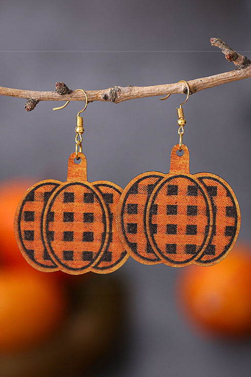 Plaid Print Wood Pumpkin Shape Drop Earrings