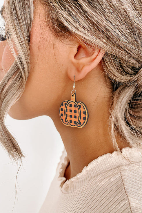 Plaid Print Wood Pumpkin Shape Drop Earrings