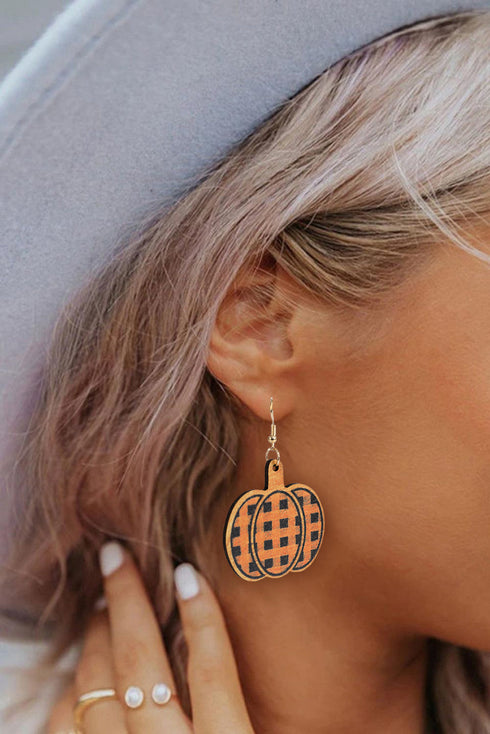 Plaid Print Wood Pumpkin Shape Drop Earrings