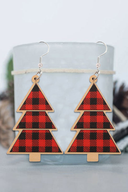 Plaid Print Wooden Tree Shape Dangle Earrings