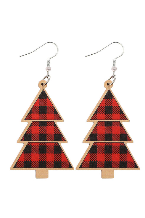 Plaid Print Wooden Tree Shape Dangle Earrings
