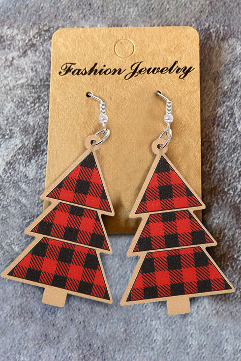 Plaid Print Wooden Tree Shape Dangle Earrings