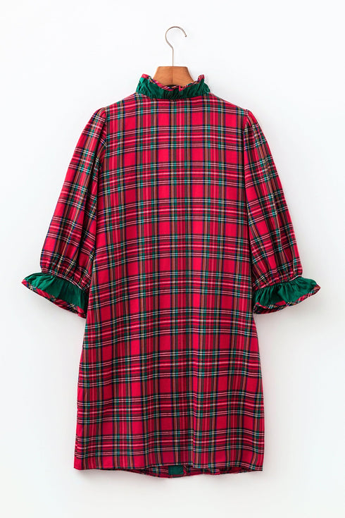 Plaid Ruffle Cuff Button Front Pocket Mini Dress