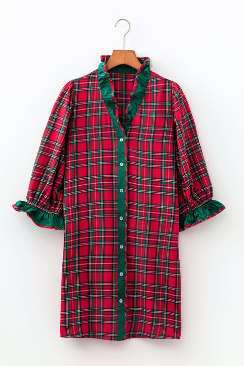 Plaid Ruffle Cuff Button Front Pocket Mini Dress