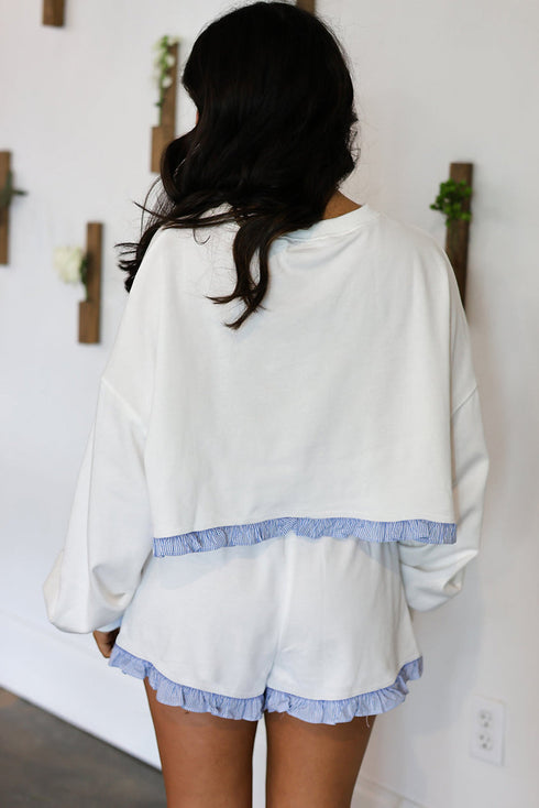 Plaid Ruffle Patchwork Drop Shoulder Pullover And Drawstring Waist Shorts Short Set