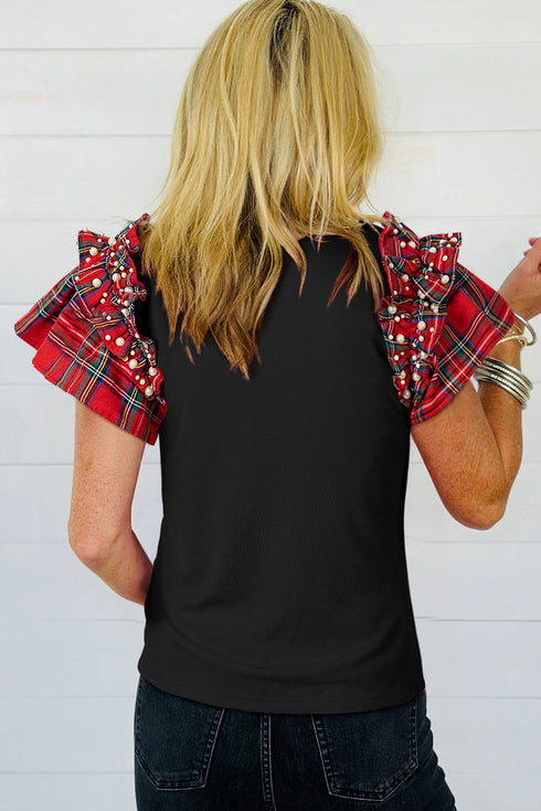 Plaid Ruffle Pearl Embellished Crewneck Short Sleeve Tee