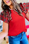 Plaid Ruffle Pearl Embellished Crewneck Short Sleeve Tee