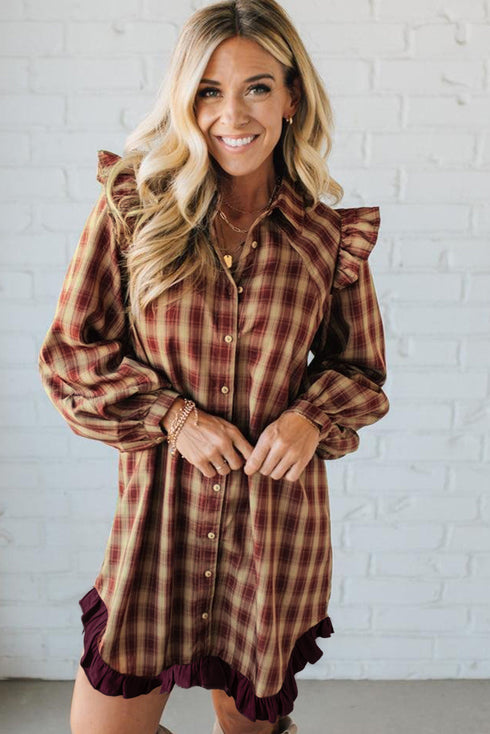 Plaid Ruffle Shoulder Contrast Flounce Hem Shirt Mini Dress